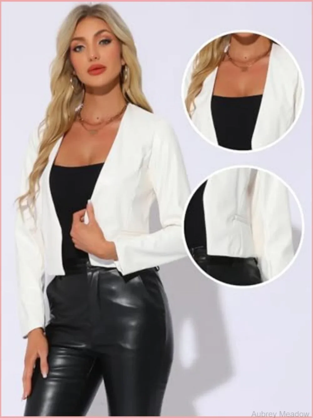 Faux Leather Crop Blazer Jacket Collarless Open Front Moto Pu Jacket